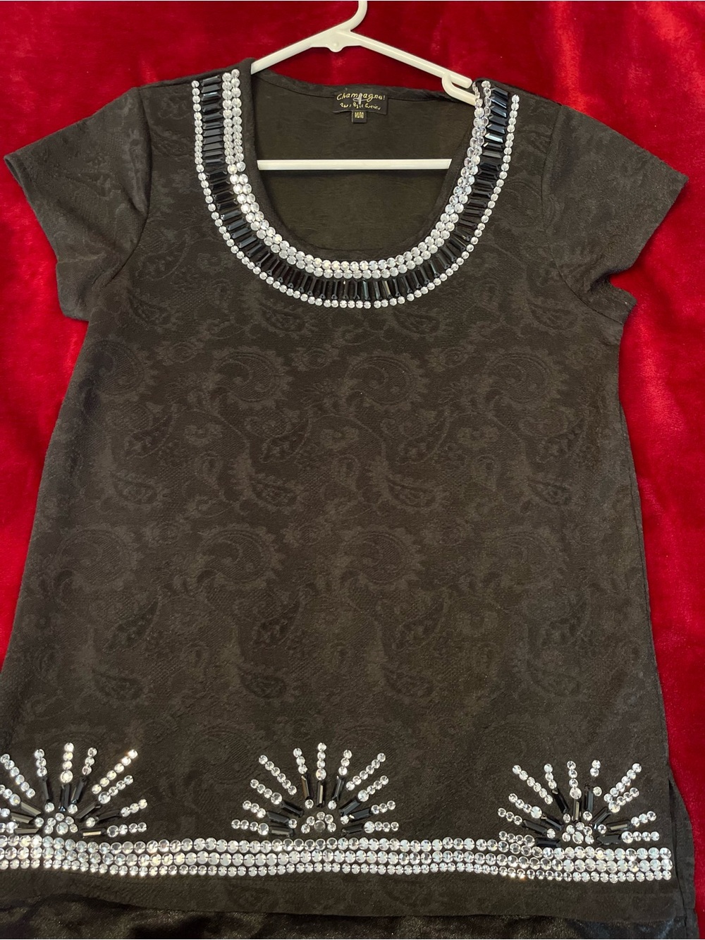 Charming Charlie Black Short-Sleeve Jewel Neck Embellished Top